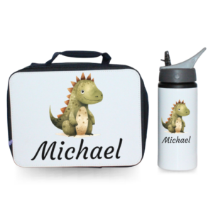 Dino personalised lunch bag and water bottle